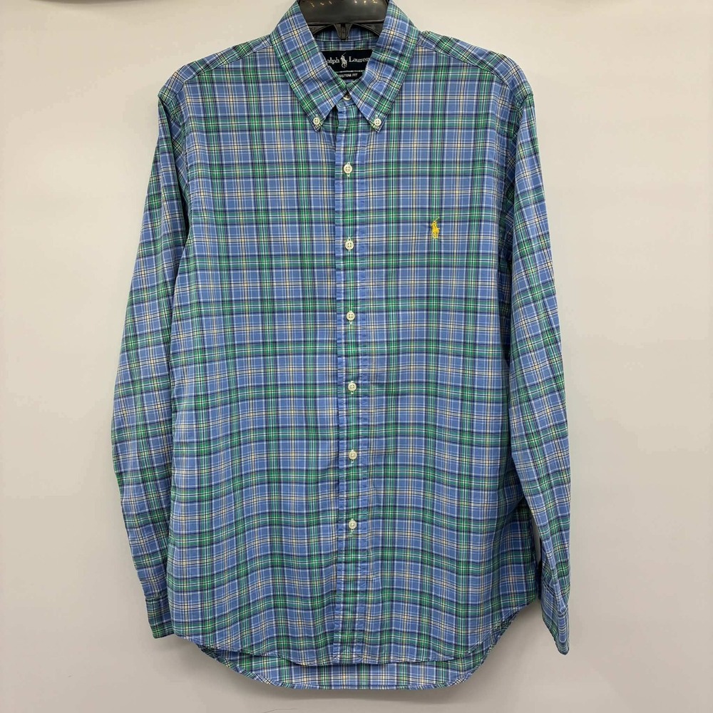 Ralph Lauren Custom Fit Shirt Mens M Blue Green Plaid Button Down Pony Long Slv